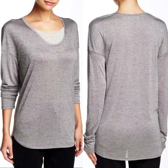 Vince Layered Two Tone Long Sleeve Tee Top M Round Neckline Curve Hem Sleek Slim - Picture 2 of 15